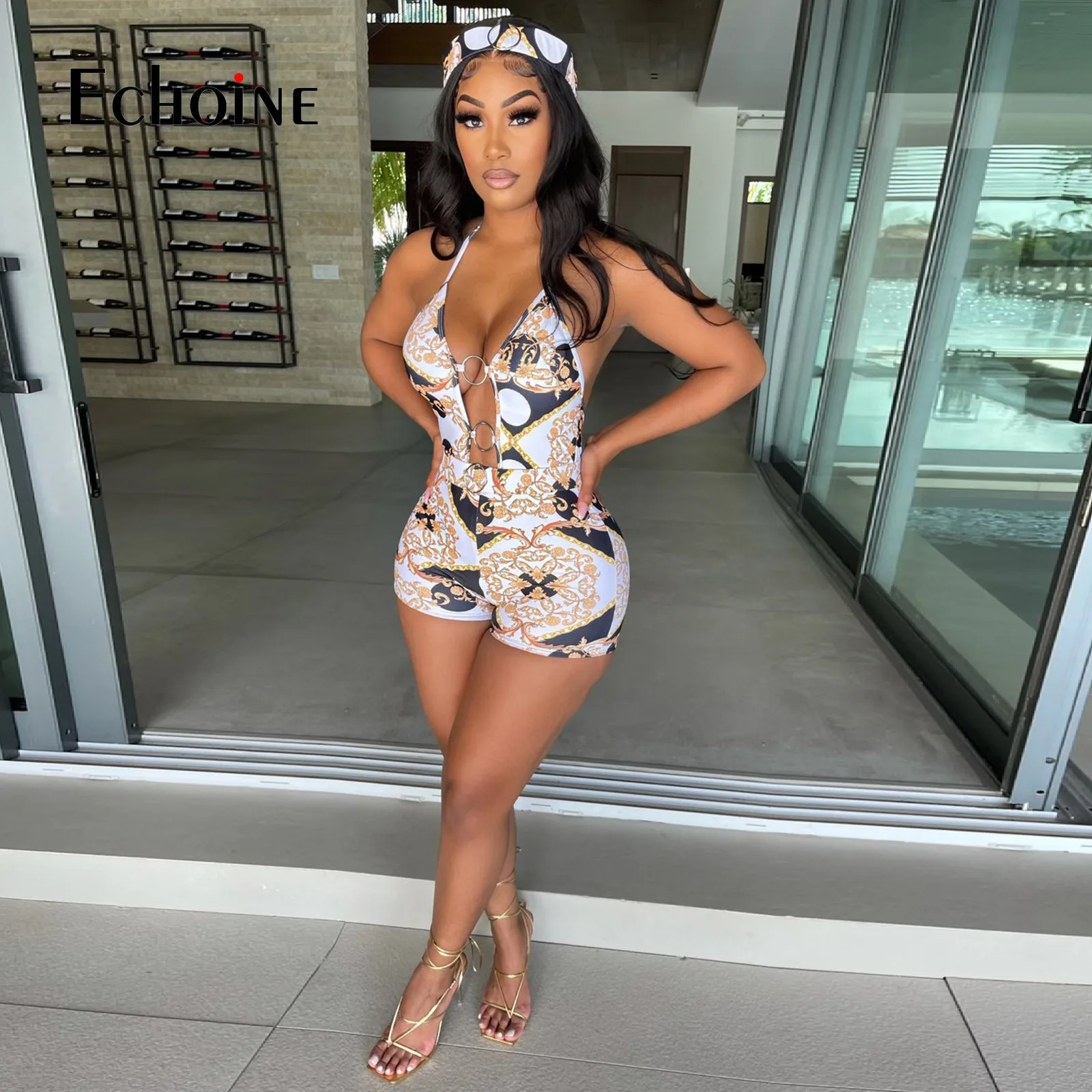 

Echoine Sexy Print Sleeveless Deep V-neck Bandage Bodycon one piece jumpsuit Summer Beach Party Playsuits Short Pant Rompers