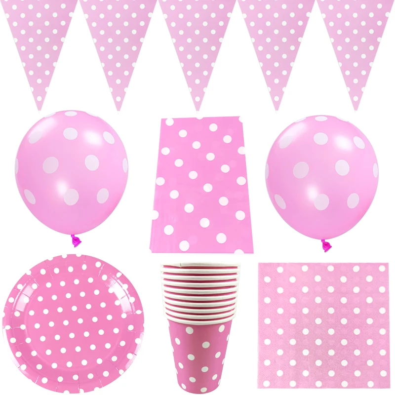 

61pcs/lot Birthday Party Pink Polka Dots Theme Decora Tablecloth Plates Cups Banner Latex Balloons Baby Girl Shower Napkins Flag