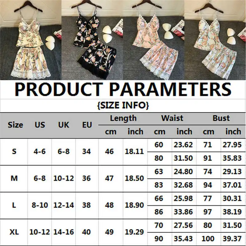 

Women Satin Lace Sleepwear Lingerie Nightwear Shorts Pjs Pyjamas Set 2pcs Summer Sleeveless printed Pajama Sets