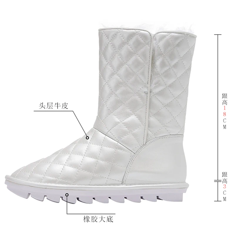 

White Leather Snow Boots Women Round Toe Non-slip Flat Fur Boots Female Fashion Ankle Boots Winter