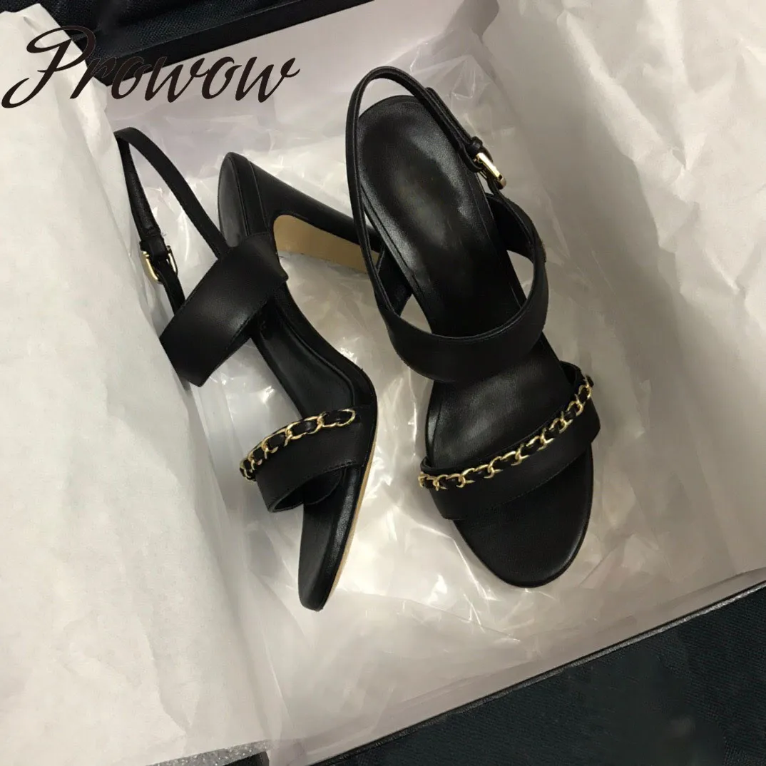 

Prowow New Genuine Leather Metal Chain Luxury Brand Sandals Thin HIgh Heels Shoes Women Zapatos Mujer