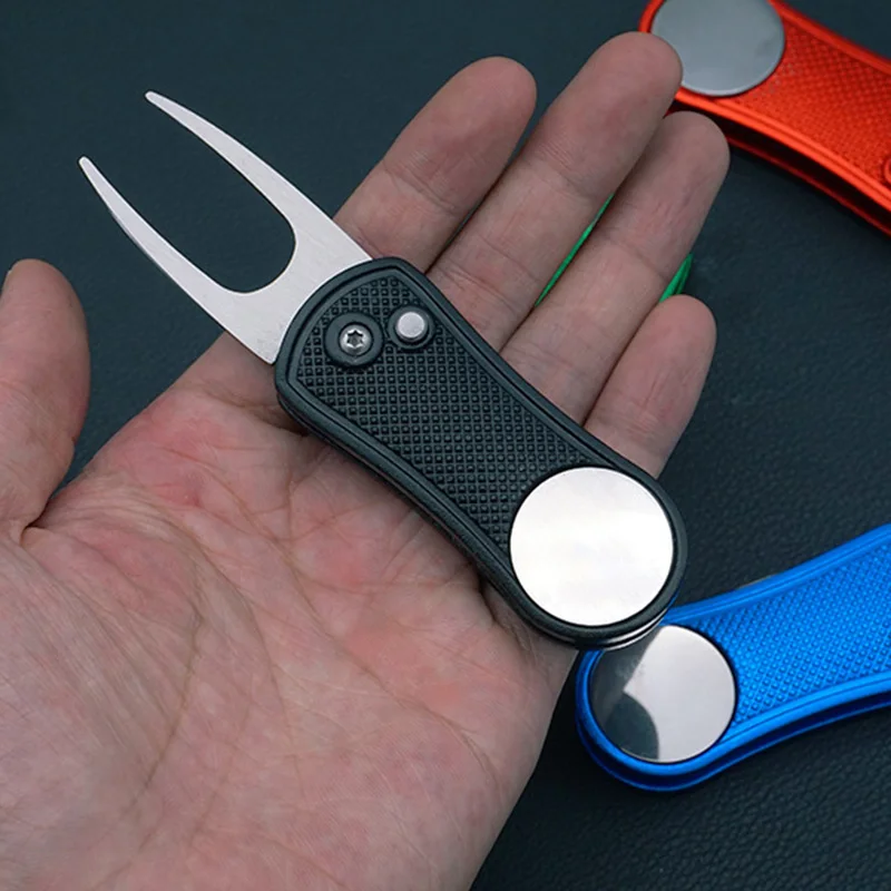 

Newly Divot Fork Tool with Button Magnetic Ball Marker Portable Foldable for Golf Club Ball