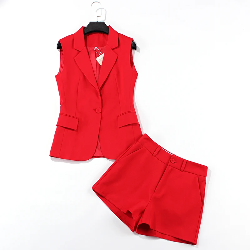 Suit Vest Suit Female Professional Shorts Two-piece Fashion Casual Red Sleeveless Jacket 2022 Summer New Women's Clothing