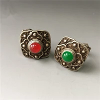 antique tibetan silver inlaid with malay jade ring finger collection ethnic style adjustable inner diameter ring