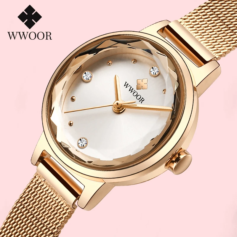 

WWOOR Fashion Diamond Rose Gold Small Bracelet Watches Woman 2020 Stainless Steel Casual Quartz Wristwatch Women Top Brand Clock