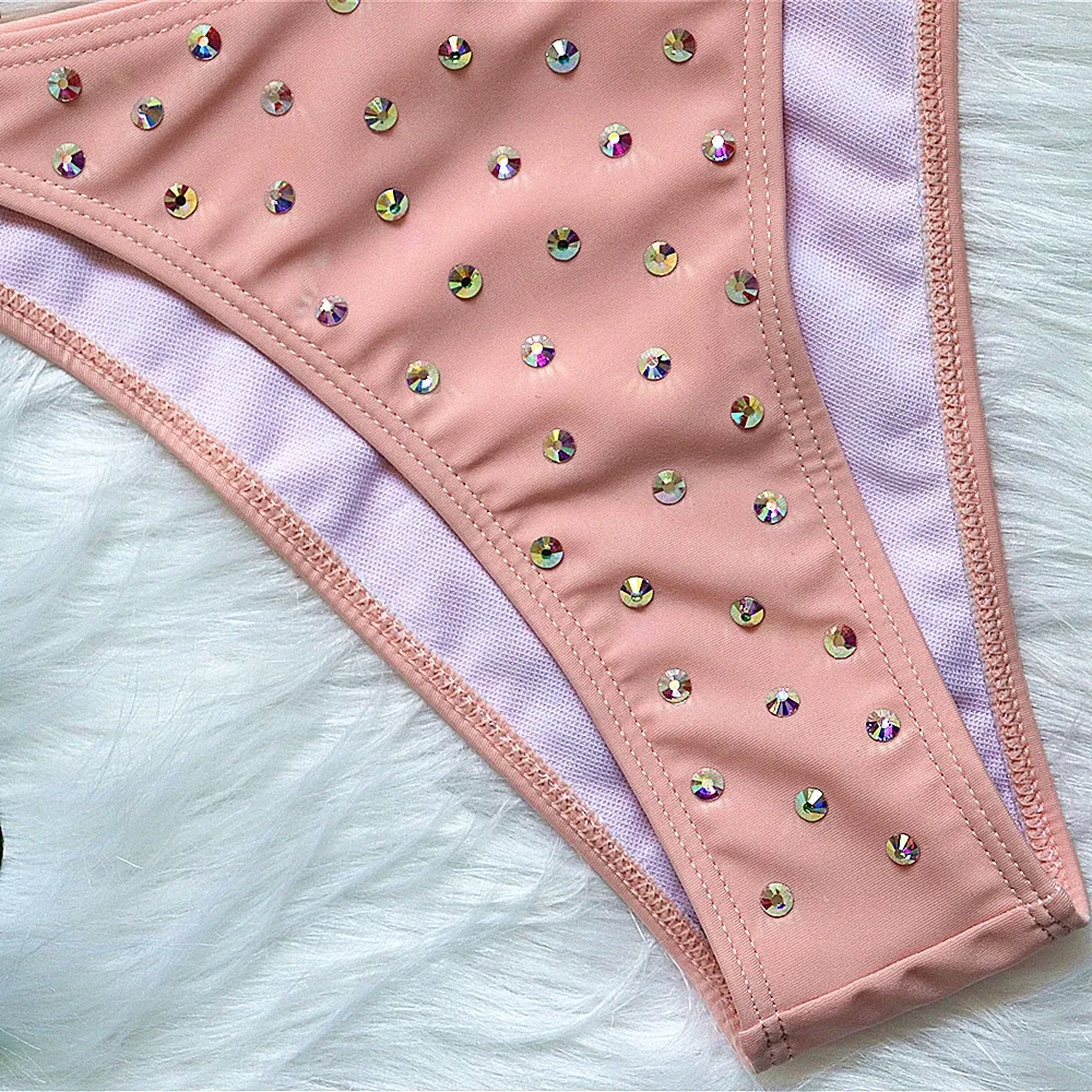 High Quality 2020 NEW Women Beading sexy bikini pink Bodysuits Bandage swim suit Knitted biquini wholesale