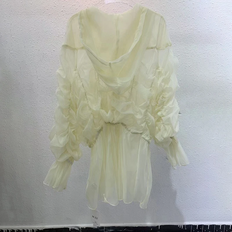 

TWOTWINSTYLE Elegant Ruffle Solid Coat For Women Hooded Long Sleeve Patchwork Zipper Korean Coats Female Summer Fashion 2021 New