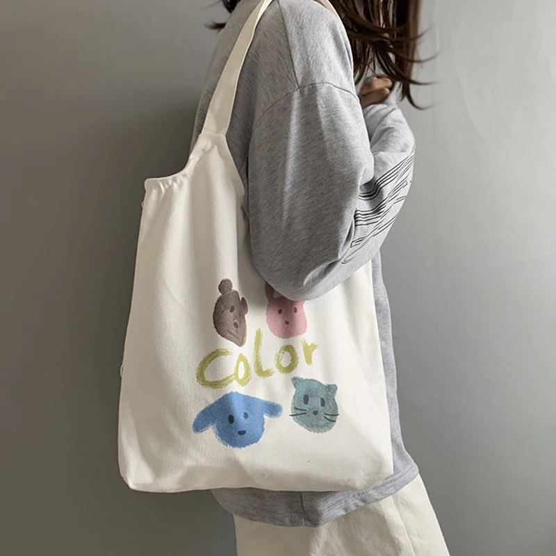 

Cute Rabbit Canvas Tote Bag Large Capacity Shoulder Bag for School Going Out Zipper Button Storage Bag
