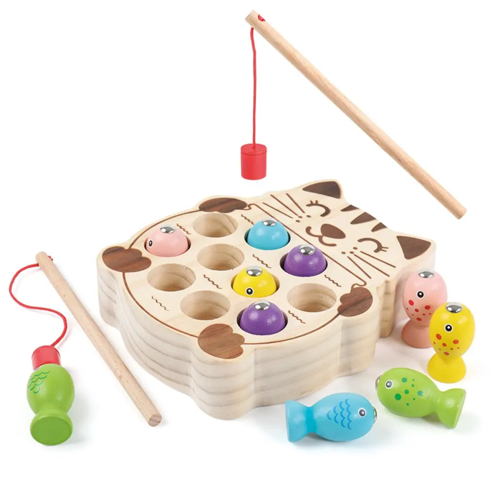 

Kids Wooden Montessori Toys Magnetic Kitten Fishing Toys Game Baby Early Educational Puzzle Toys for Children Outdoor Play Set