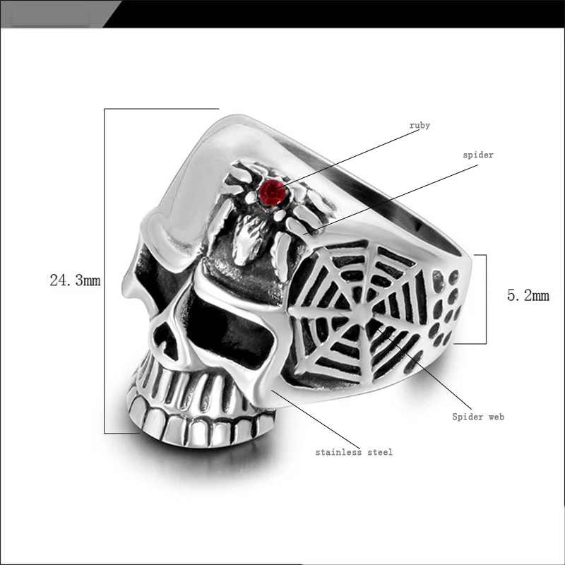 

men big skull ring signet Spider web animal stainless steel fashion jewelry 2019 black punk Gothic large Ring wide Accessories