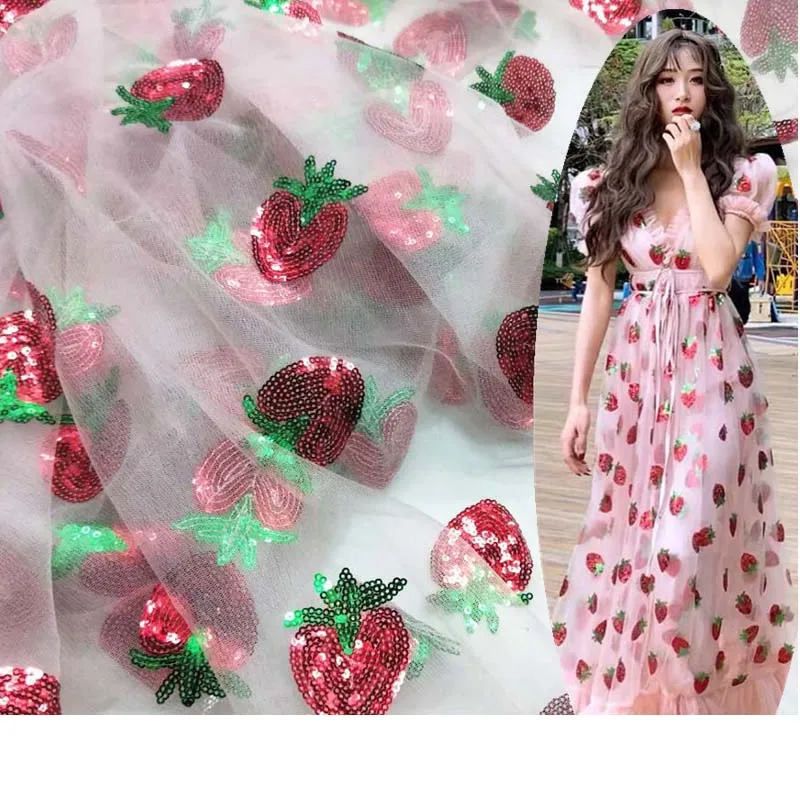 Мягкие полупрозрачные блестки сетчатая ткань с вышивкой клубники для свадебного