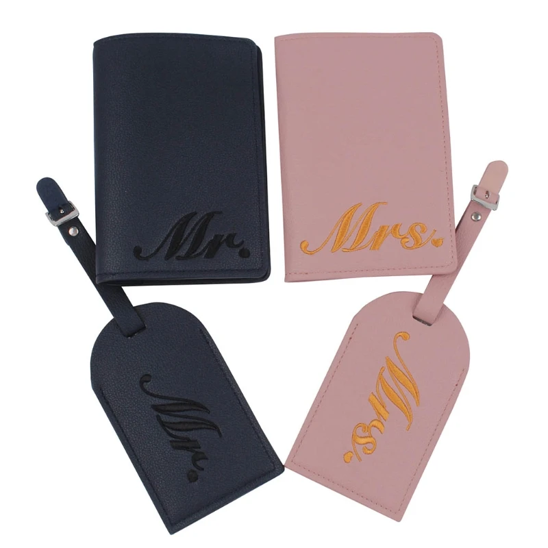 

4pcs Mr and Mrs Bridal Luggage Tags Passport Covers Embroidery for Wedding Couples Travel