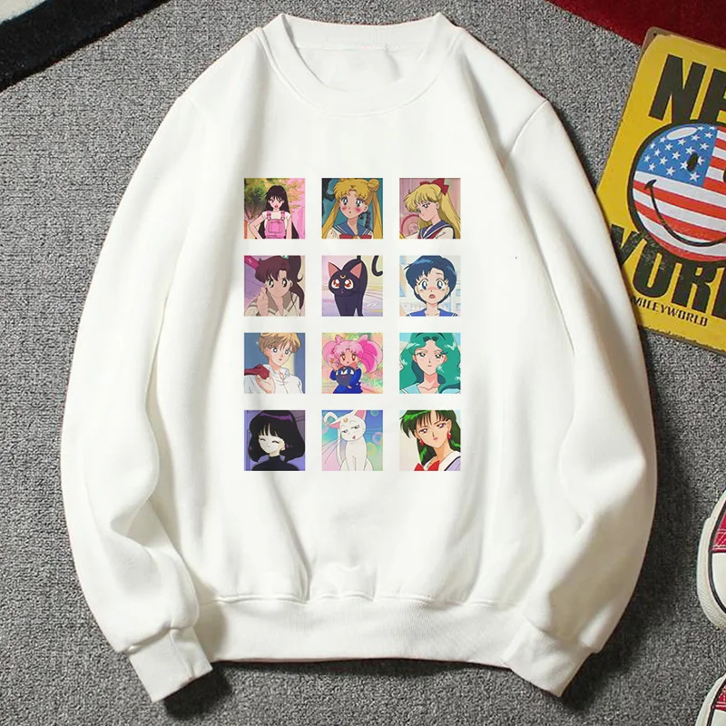 Новая толстовка женская Kawaii Мода плюс размер повседневная одежда Harajuku Мультфильм Ulzzang стиль Сейлор Мун Толстовка забавная половина Толстовка