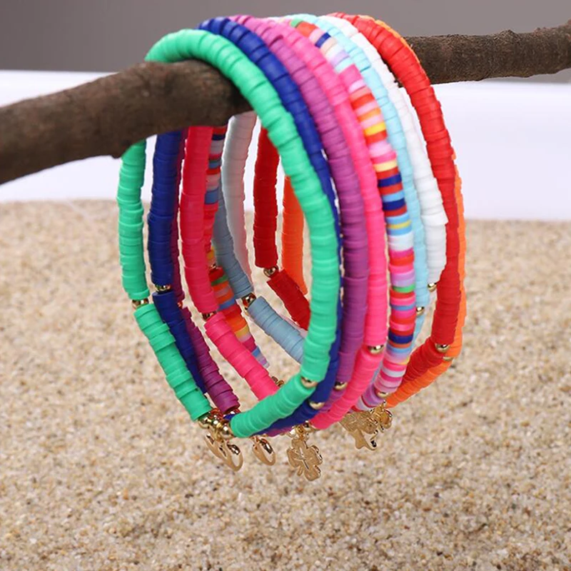 

Boho 4mm Colorful Discs Bead Stretch Bracelet For Women Chic Star Heart Bracelet Polymer Clay Surf Beach Jewelry