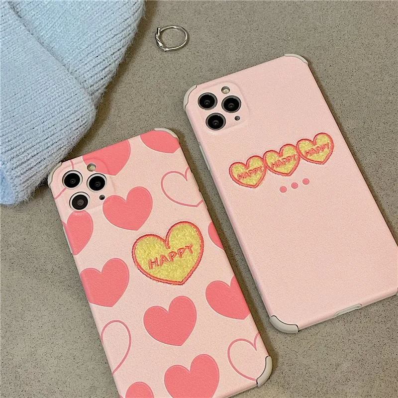 

Fashion Embroidered Heart Female Soft Case For Iphone 11 12 Pro Max Mini 7 8 Plus Xr X Xs Max Se 2 Pu Leather Phone Cover Fundas