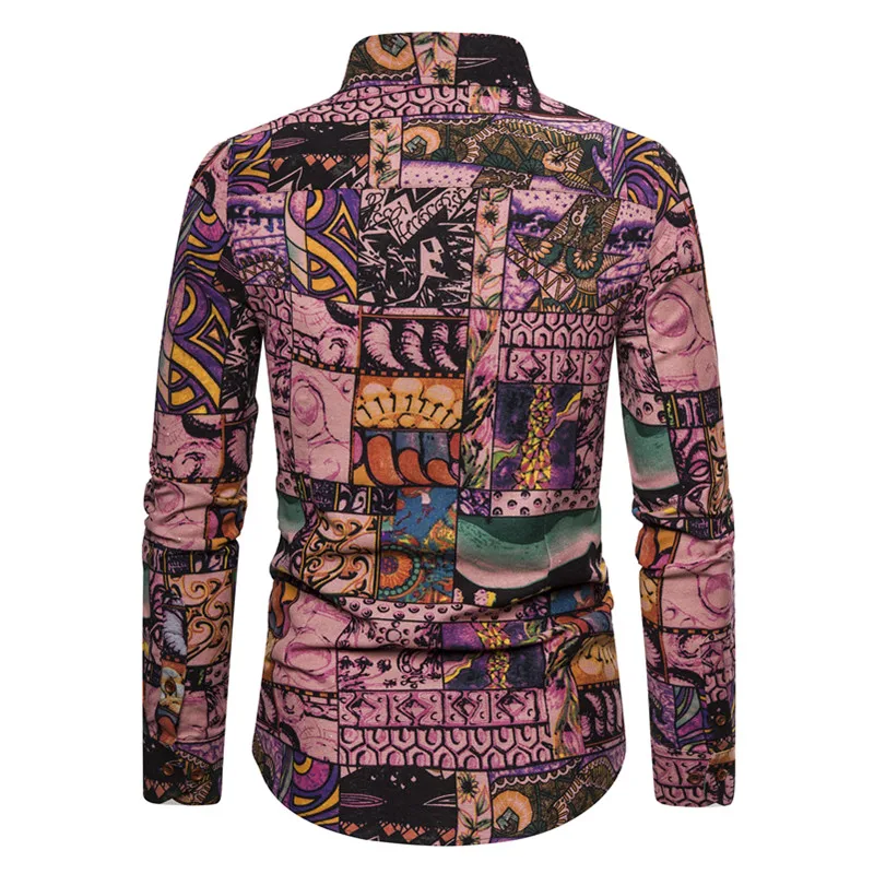 

New shirt youth ethnic wind design and color printing men's leisure long sleeves fashion slim men's large shirt