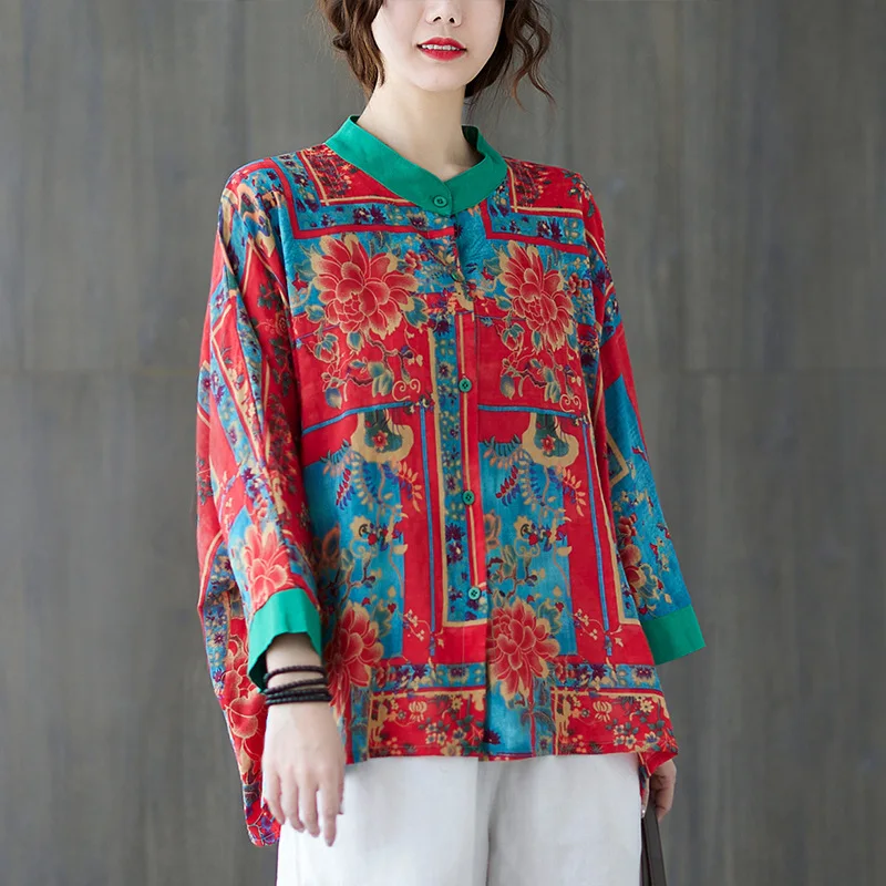 

Женская винтажная рубашка в стиле пэчворк, красная или зеленая блузка с цветочным принтом и круглым вырезом, свободная блузка с длинным рук...