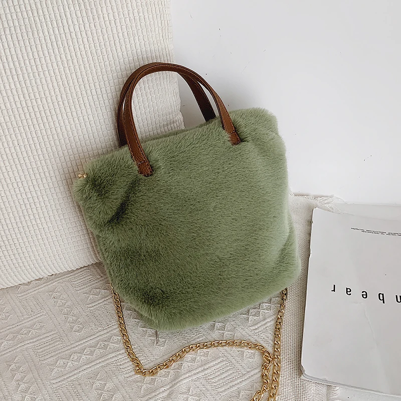 

fluffy tote bags for women 2020 trend with sling chains shoulder strap crossbody shopping shopper fashion simple bucket handbags