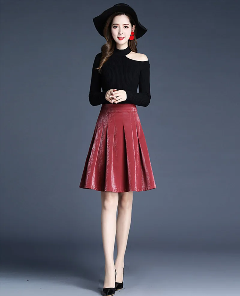 

Fashionable PU Leather Retro Knee-Length Skirt Lnvisible zipper High waist Split Hip Elegant temperament Slim fit Comfortable
