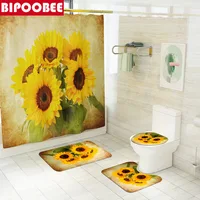 Sunflower Bathroom Set Yellow Flowers Print Shower Curtain Non-Slip Bath Mat Sets Pedestal Rug Bathtub Curtains with 12 Hooks