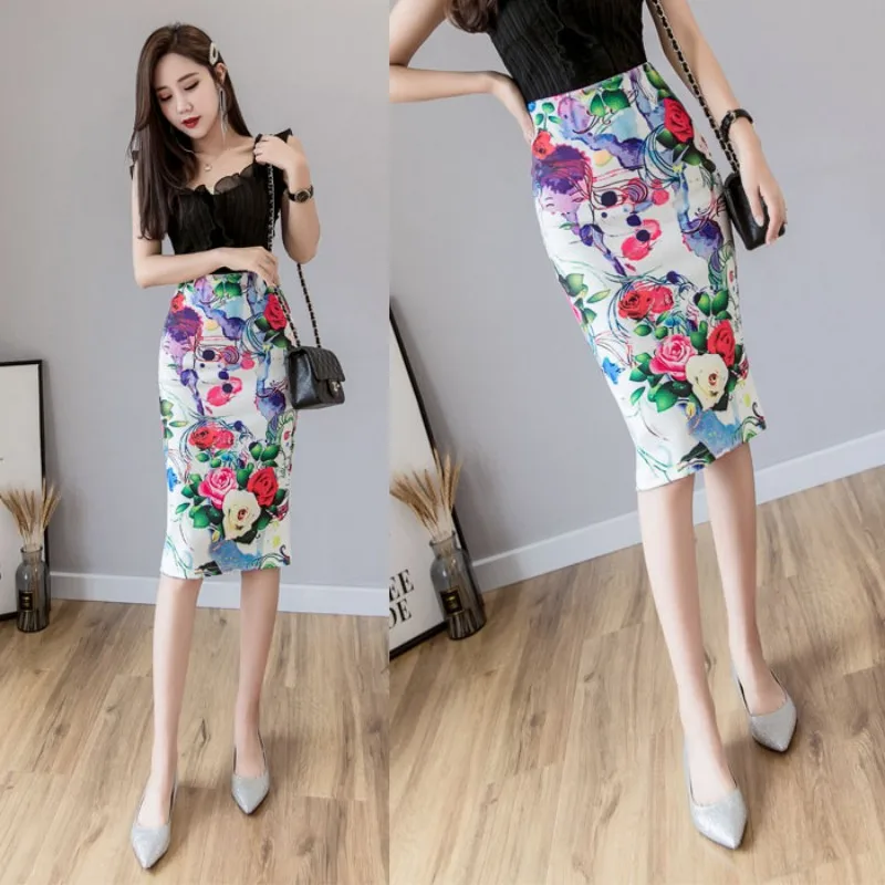 

2020 New Ink Painting Printing Wrapped Skirt Professional over-the-Knee Slit High Waist Temperament Skirt Mid-Length skirt