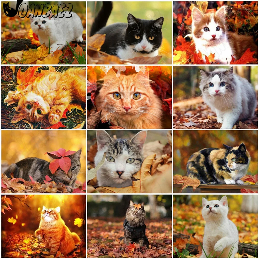 

Autumn Forest Cat Diamond Painting 5D Diy Wall Art Maple Leaf Diamond Embroidery Inlaid Home Room Decoration