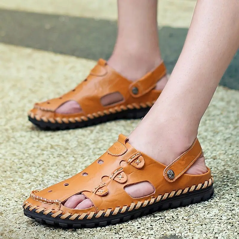 

Мужские сандалии кожаные мягкие дышащие Классические летние пляжные черные мужские сандалии