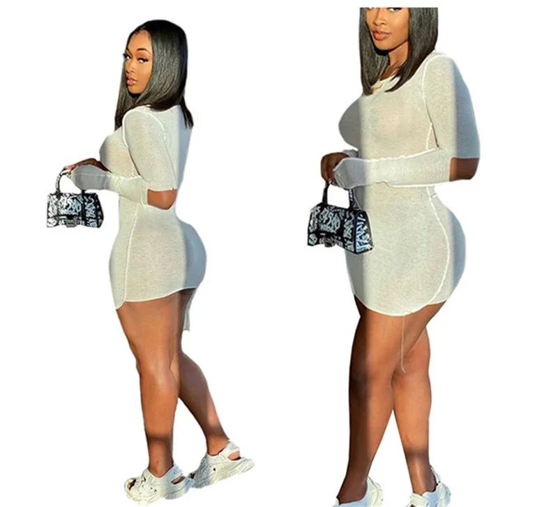 

Women's dress with holes irregular temperament see through sexy mini dresses
