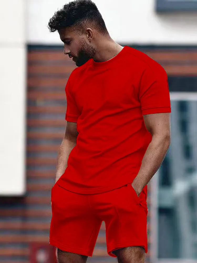 Мужской повседневный комплект Однотонная футболка с круглым вырезом и шорты