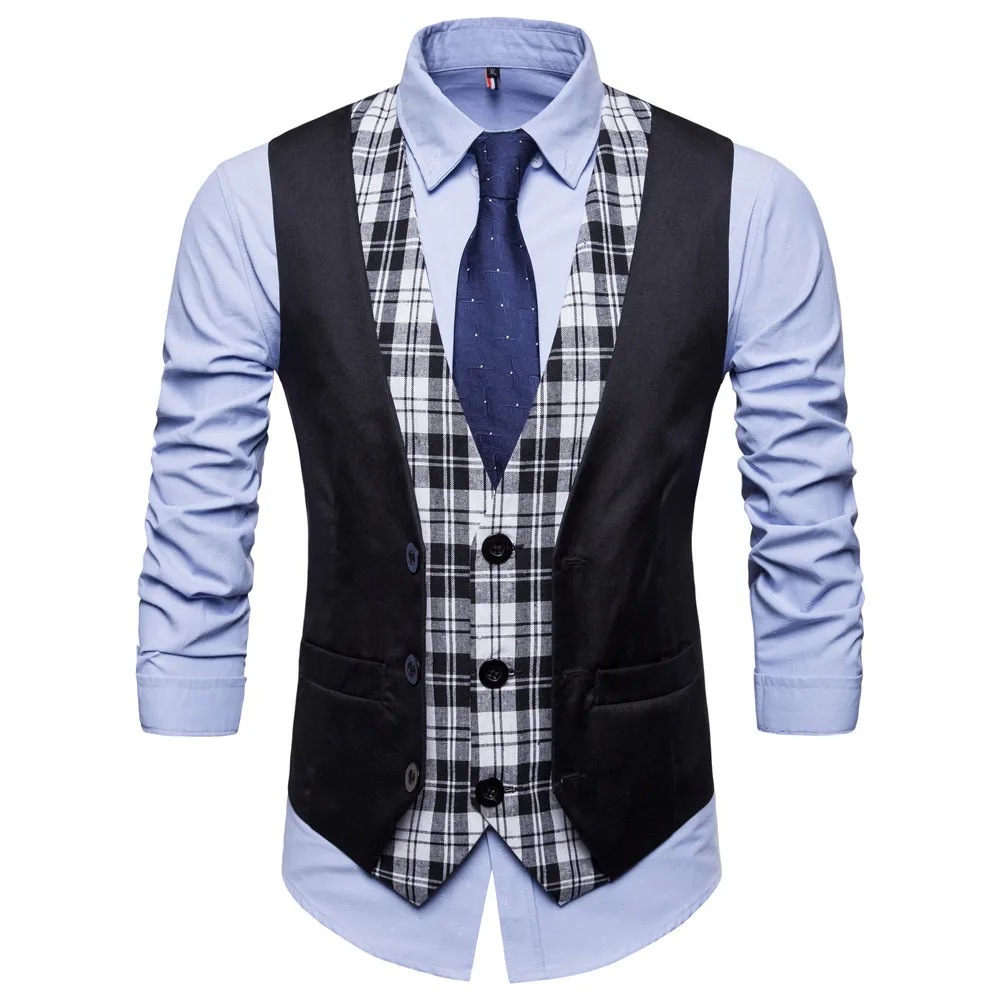 

Plaid SWAGWHAT Single Suit Breasted vests Men Blazer Mens England Style Male Waistcoat V-neck Fashion Vests Patchwork Casual Pat