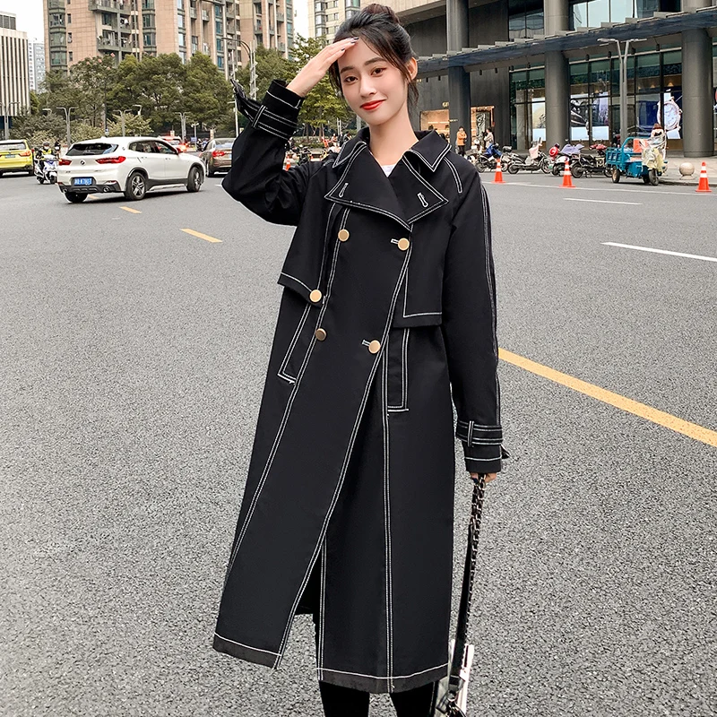 

New autumn British vintage women trench coat baggy raincoat mid-length oversize long windbreaker female jacket clothes mujer