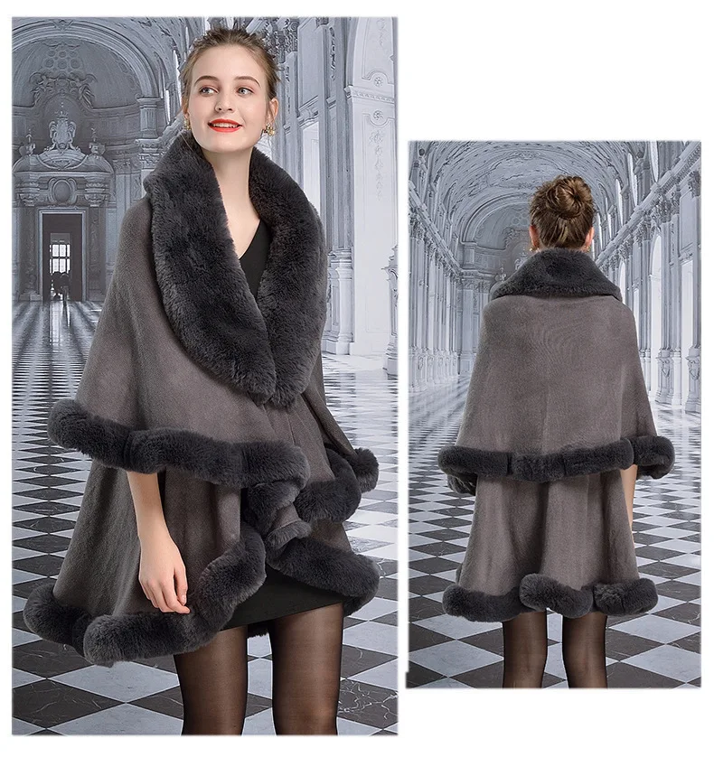 Женское длинное пончо из искусственного кашемира черное теплое Двухслойное