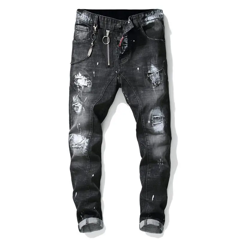 

Men's Jeans Stretch Moto Pants Ripped Jeans Trend Men's Wrinkle Multi-pocket Trousers