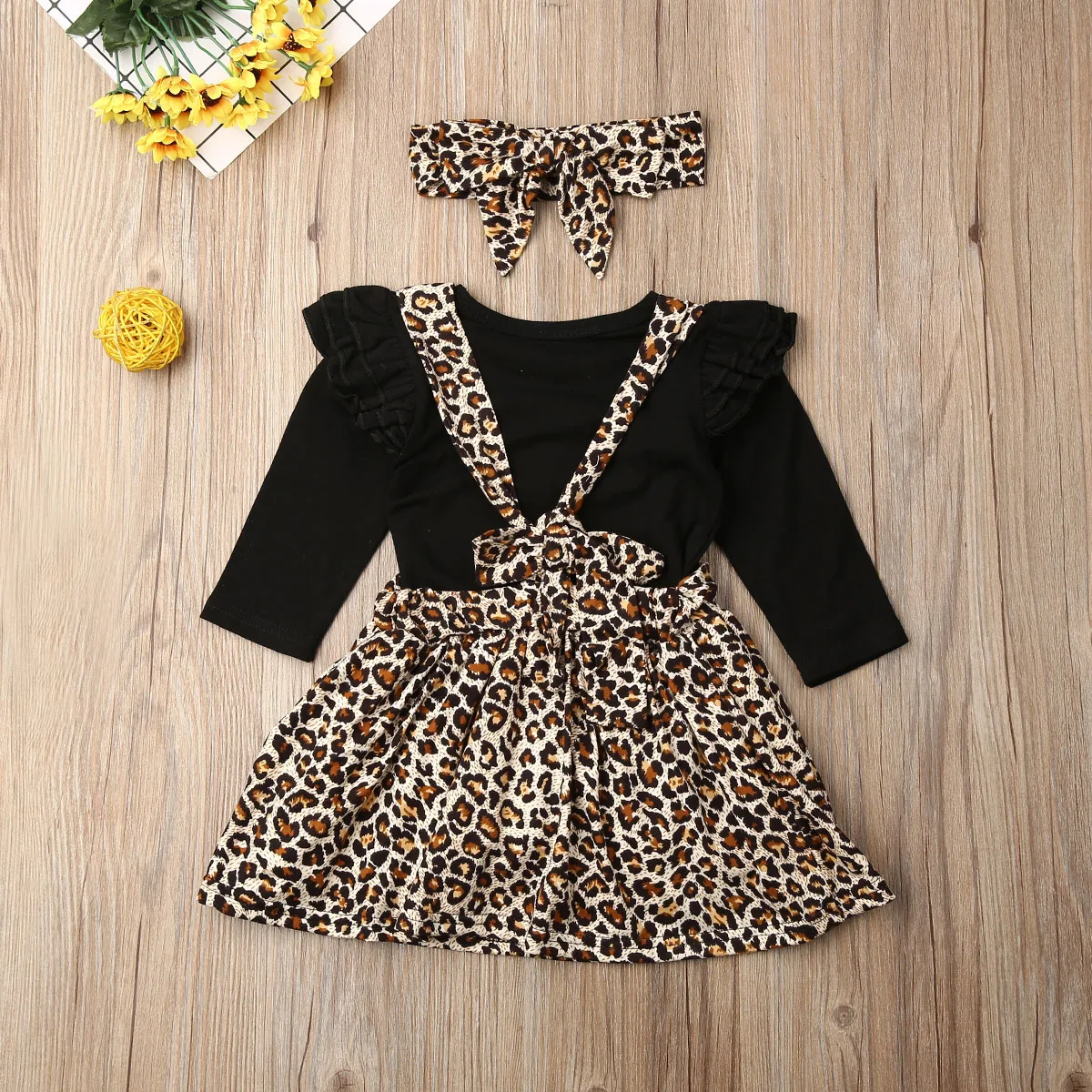 

Autumn Infant Kids Girls Clothes Sets 0-24M Leopard Print Long Sleeve Romper+Bib Strap Dress+Headband 3pcs