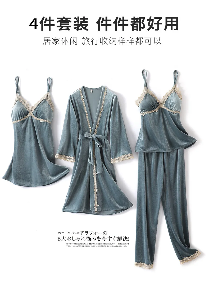 

Autumn 4Pcs Pajamas Sets Velour Sleep Suit Sexy Womens With Belt Nightwear Casual Suspender Sleepshirt Nightgown Home Clothes