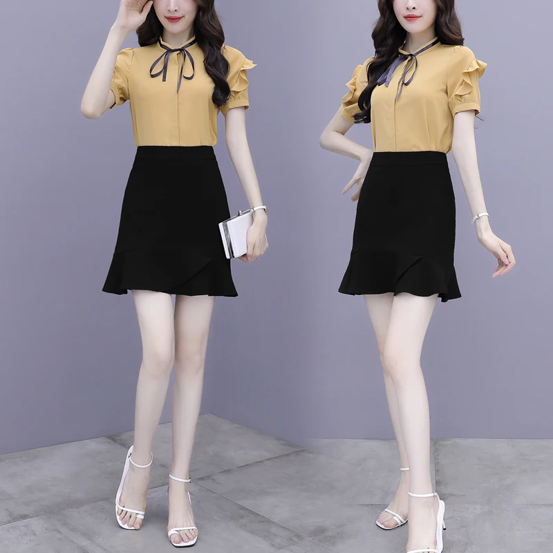 

Chiffon Blouse Top & Fishtail Black Short Skirt Suit New Fashion Two-Piece Set Clothing Korea Style Office Lady Suit