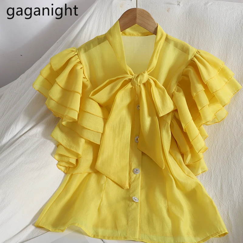 

Gaganight женская блузка с коротким рукавом с бантом однотонная тонкая офисная Дамская рубашка с оборками Модные топы бандажные однобортные Бл...