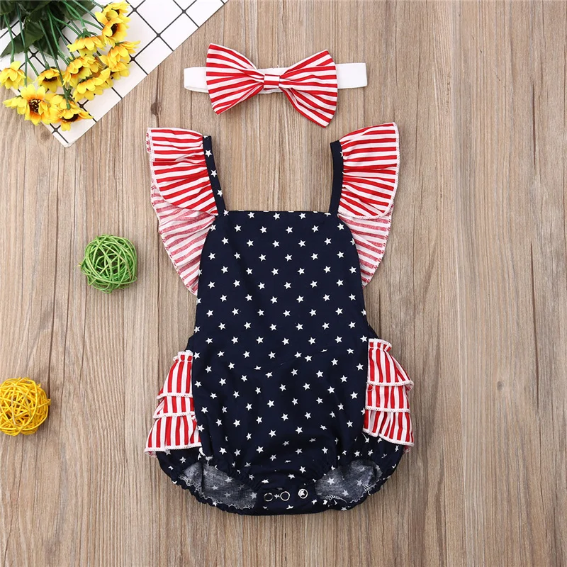 

Newborn Girl Romper Outfits, Star Printed Sleeveless Ruffle Backless Jumpsuit + Bowknot Headband Casual Sets