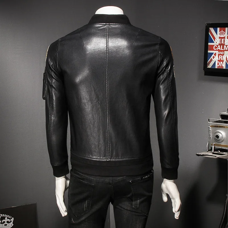 

Male New Embroidery Baseball Collar Men Autumn Motorcycle Black Outerwear Faux Pu Leather Jacket 2021 Coat