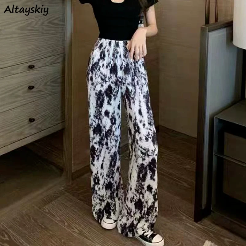 

Full Length Pants Women Trendy Spring Soft High Waist All-match Feminino Vintage Baggy Tie Dye Wide Leg Trousers College Ulzzang