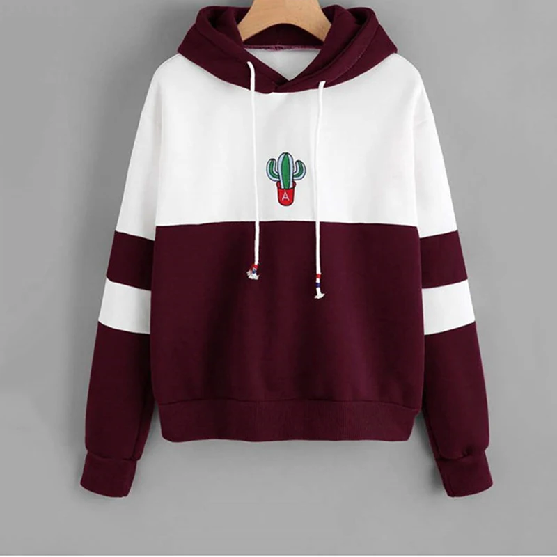 

Ladies Casual Sporty Pullovers Sweatshirt Drawstring Color Block Cactus Embroidered Hoodie Spring Autumn Long Sleeve