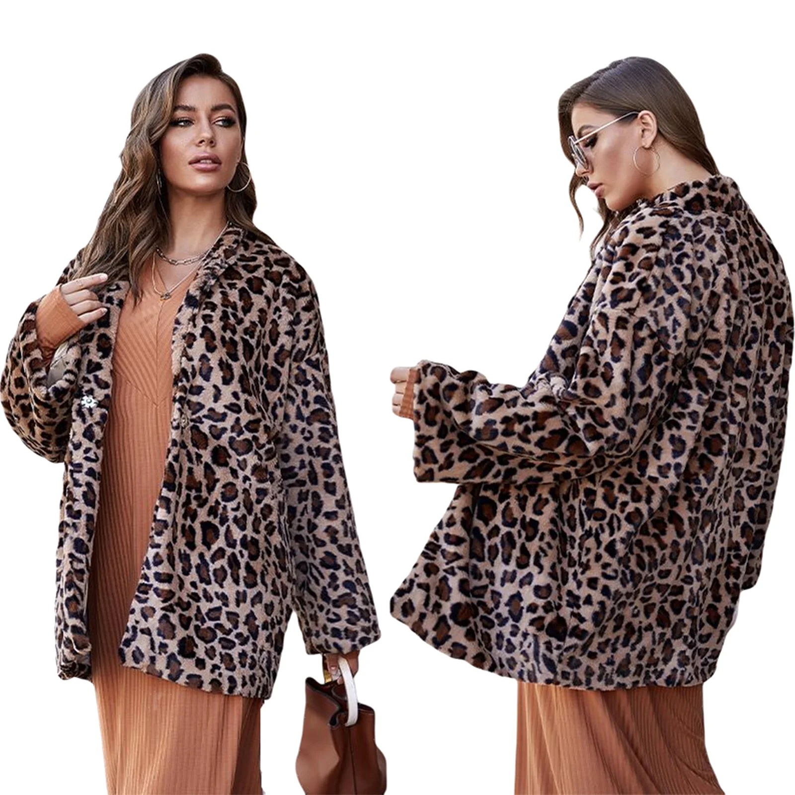 

Women Leopard Print Coat Autumn and Winter Long Sleeve Stand Collar Outerwear With Button Coat