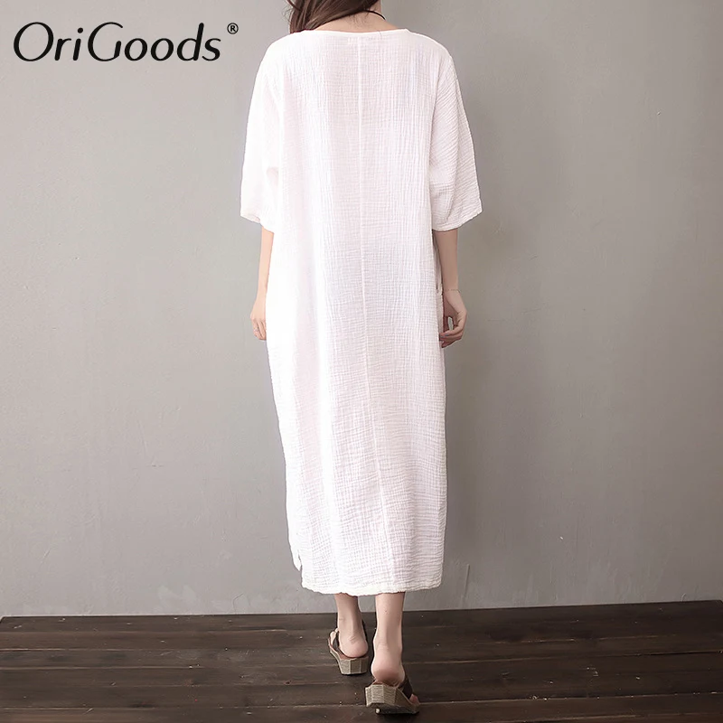 Женское платье с круглым вырезом OriGoods однотонное длинное красного и белого цвета