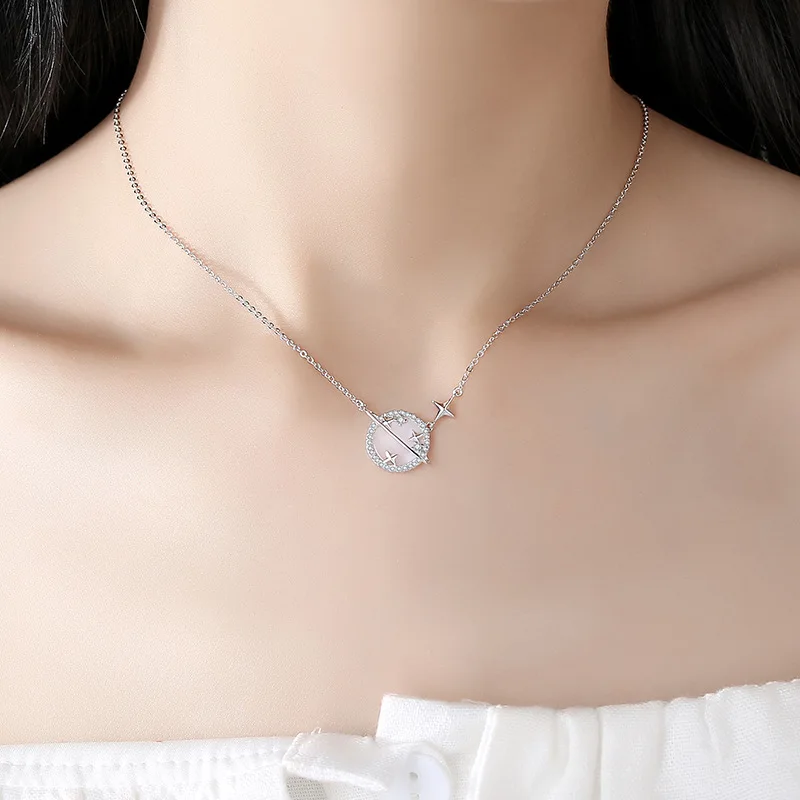 

S925 Sterling Silver Planet Necklace Women's Micro-inlaid Korean Creative Star Universe Pendant Simple Clavicle Chain