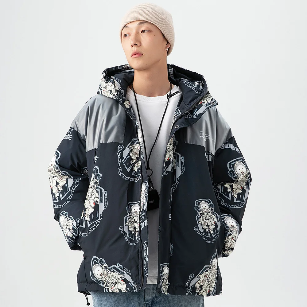 Aolamegs Hooded Winter Jacket Men Cute Cartoon Print College Style Parkas Warm Loose Hip Hop Harajuku Cotton Padded Coat Outwear