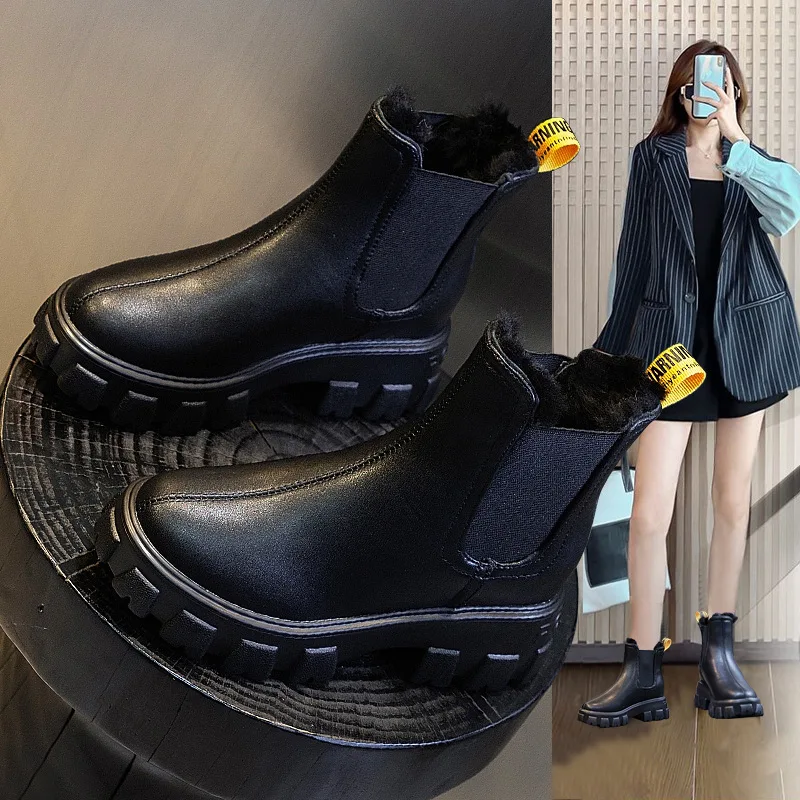 

Women Cowhide Genuine Leather Ankle Boots Fashion Female Chunky Heels Shoes Increased Platform Brand Chelsea Boots Femmes Bottes