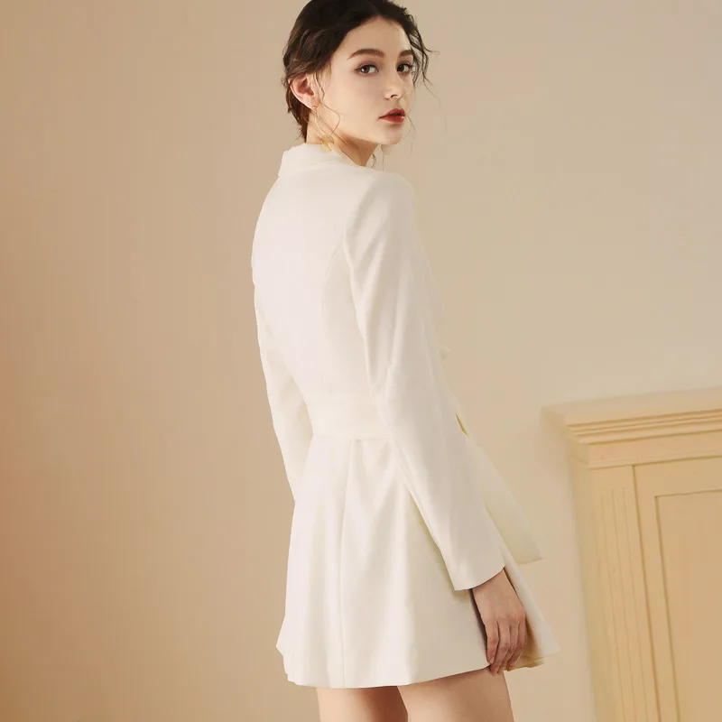

Max Spri 2020 New Arrival Women Notched Collar Soild Elegant Lady Office Long Sleeve Pleated Belt A-Line Dress