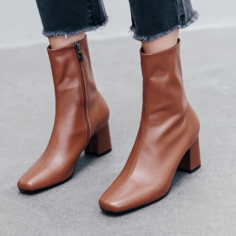 

natural Leather Women Ankle Boots top layer cowhide Pigskin lining outdoor booties woman ankle boots Solid color side zipper