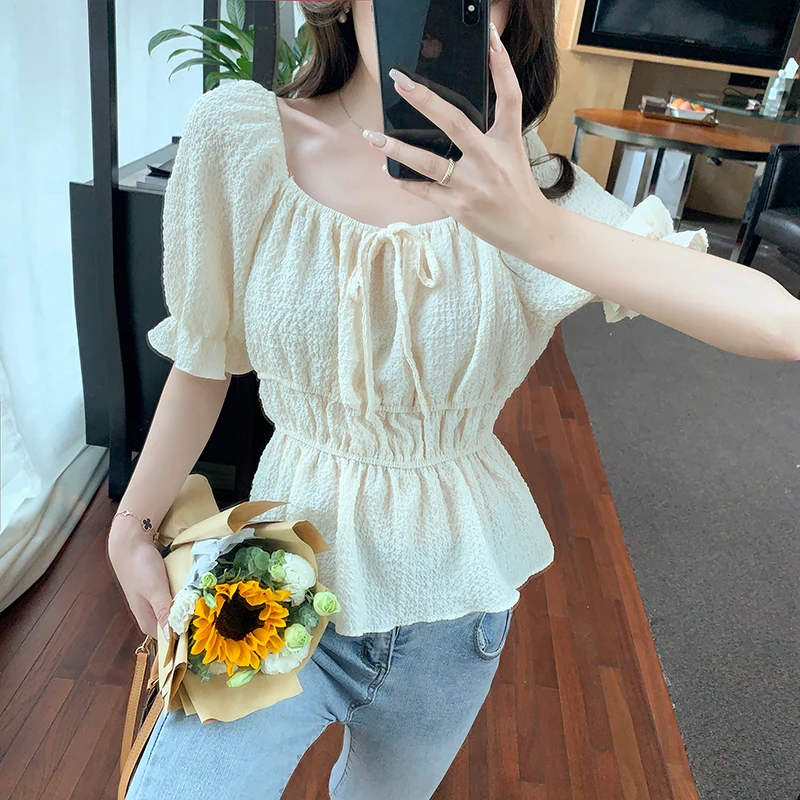 

Elastic High Waist Women Shirt Elegant Square Neck Lace Up Female Blouse Ruffled Bubble Sleeve Summer Female Tops