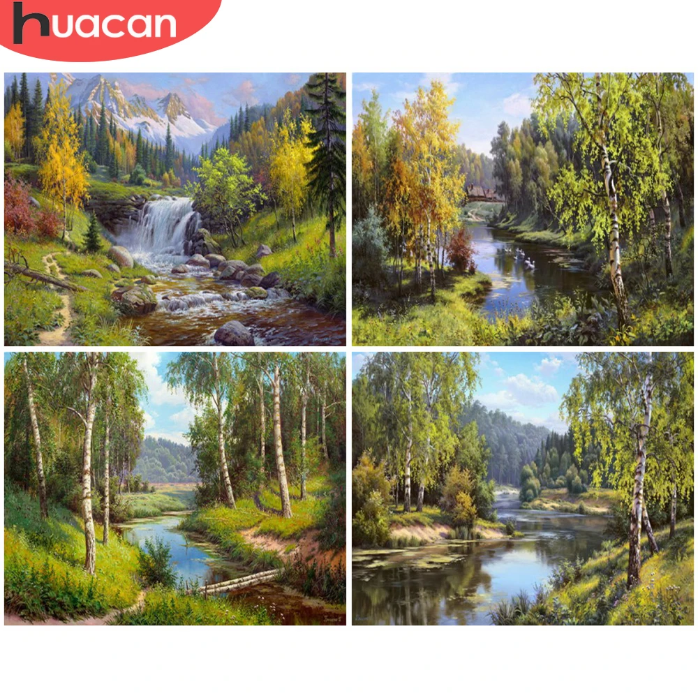 

New HUACAN Cross Stitch Tree Lake Needlework Sets White Canvas DIY Home Decoration 14CT 40x50cm Embroidery Forest Scenery Kits